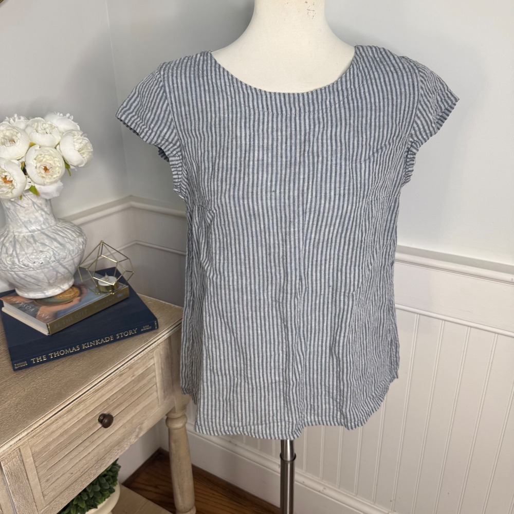 FLAX FL Tee Steel Blue Striped 100% Linen Cap Sleeve Top Size P NEW